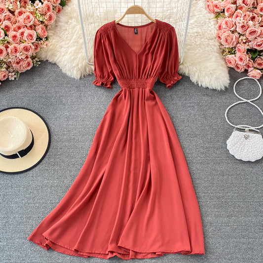 Simple v neck chiffon short dress A line dress  457