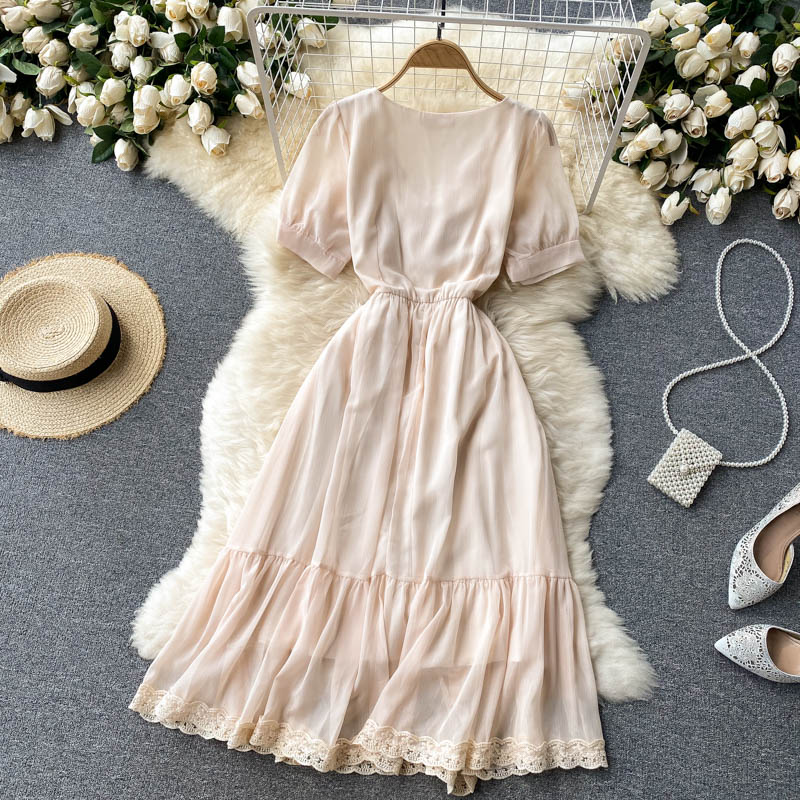 Sweet lace V-neck slim mid-length french gentle chiffon dress  609