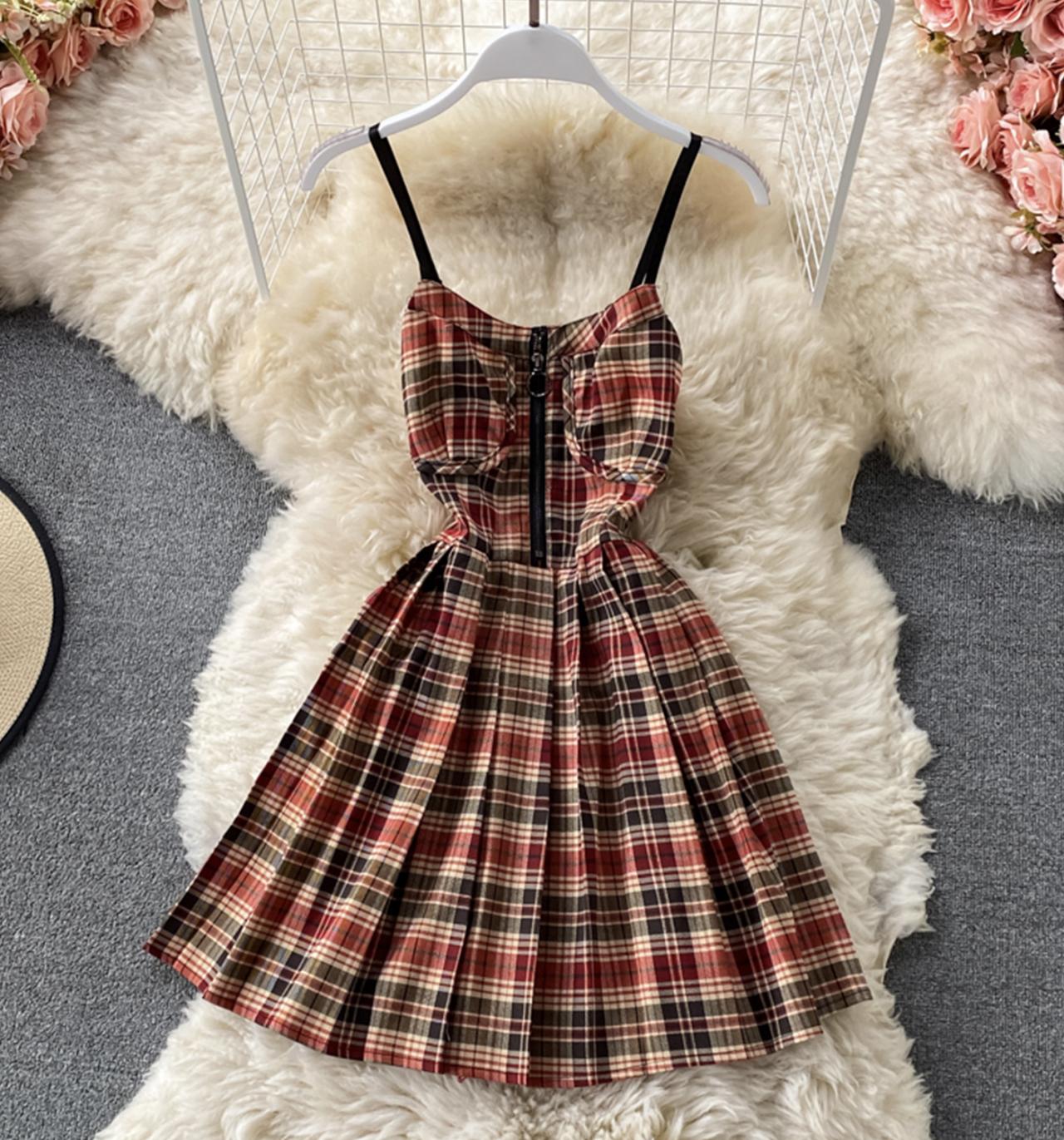 Cute plaid short A line dress  679