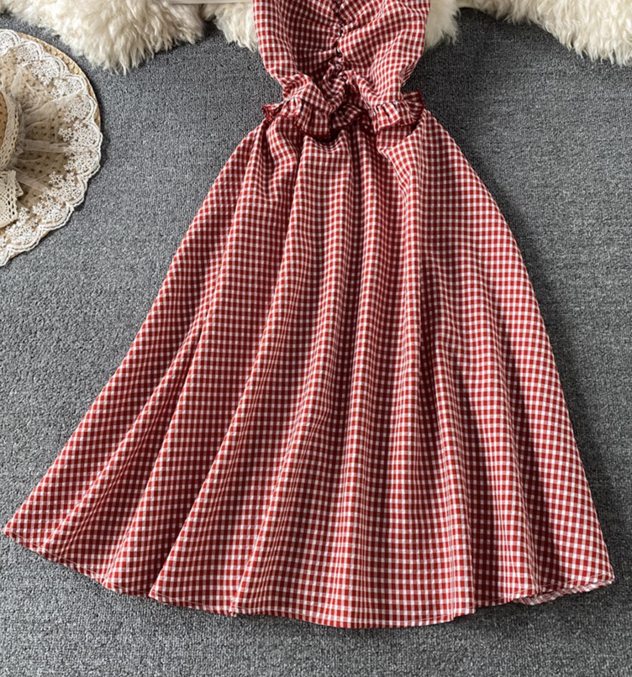 Cute plaid short dress A line dress  693