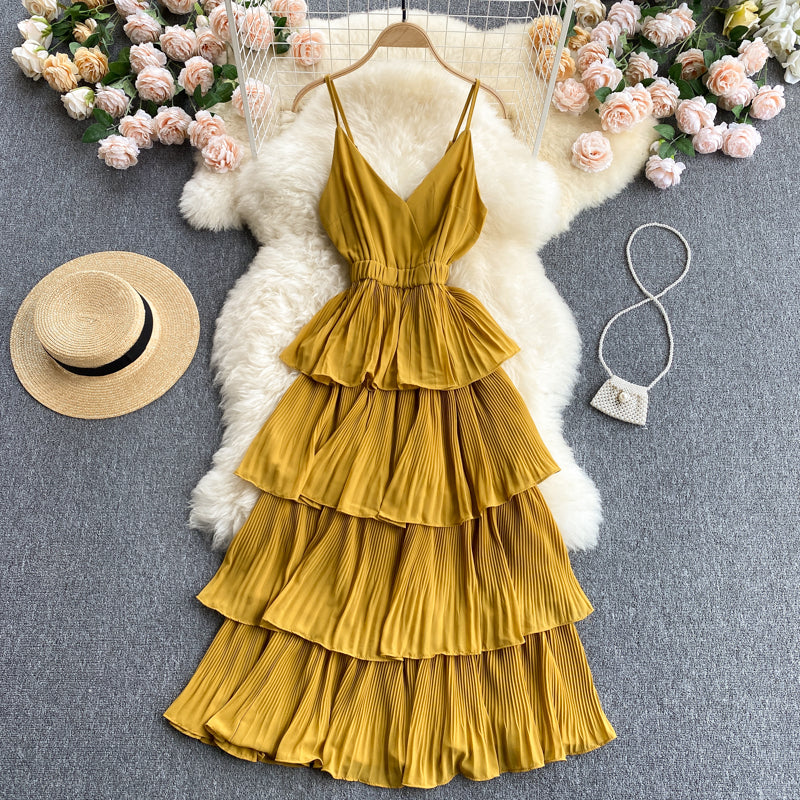 Lovely V-neck slim mid-length pleated ruffle dress  614