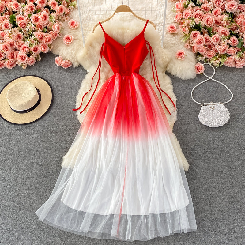 Cute gradient v neck tulle short dress fashion dress  453