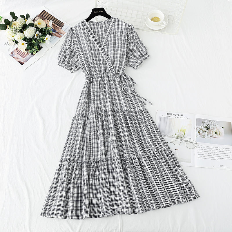Cute plaid v neckline dress fashion dress  478