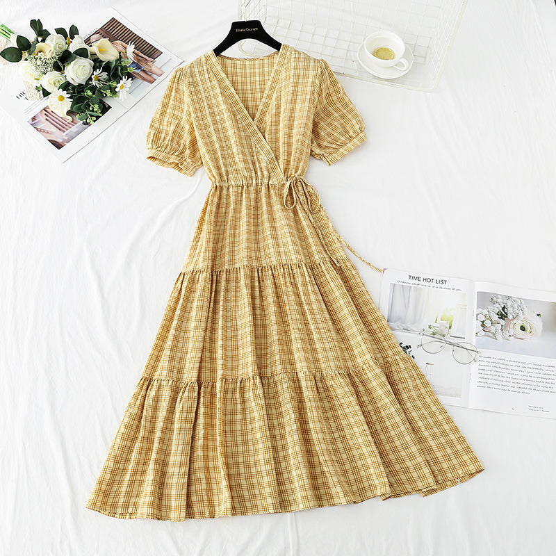 Cute plaid v neckline dress fashion dress  478