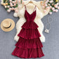 Lovely V-neck slim mid-length pleated ruffle dress  614