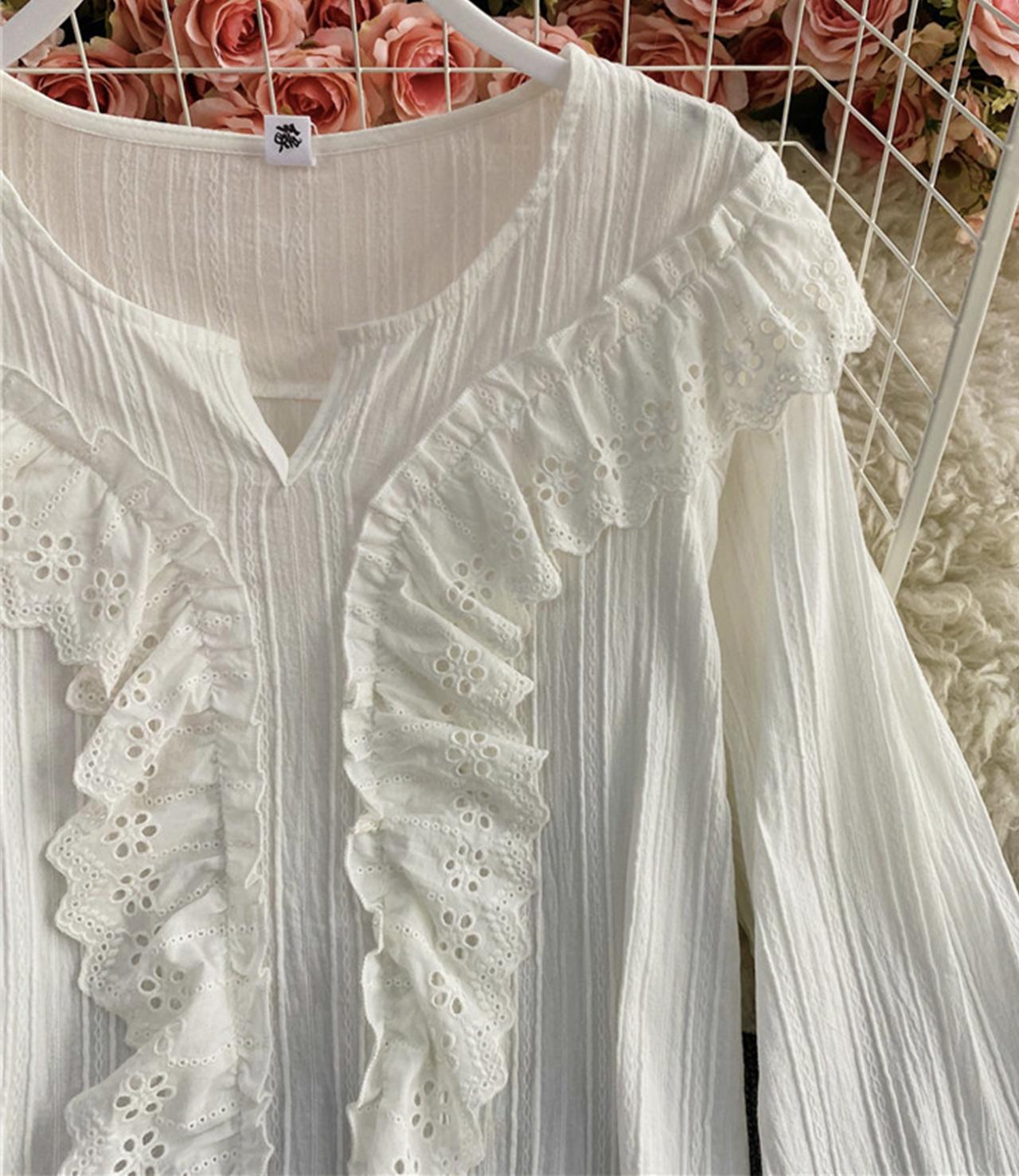 White lace tops long sleeve tops  346