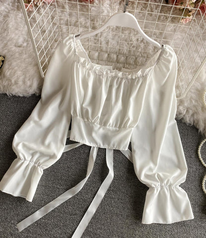 Black/White Cute Long Sleeve lace up-Back Top 335