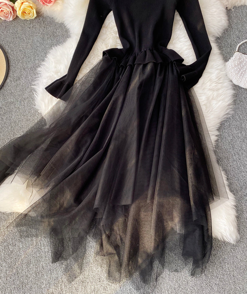 Lovely A line knitted tulle patchwork dress 194