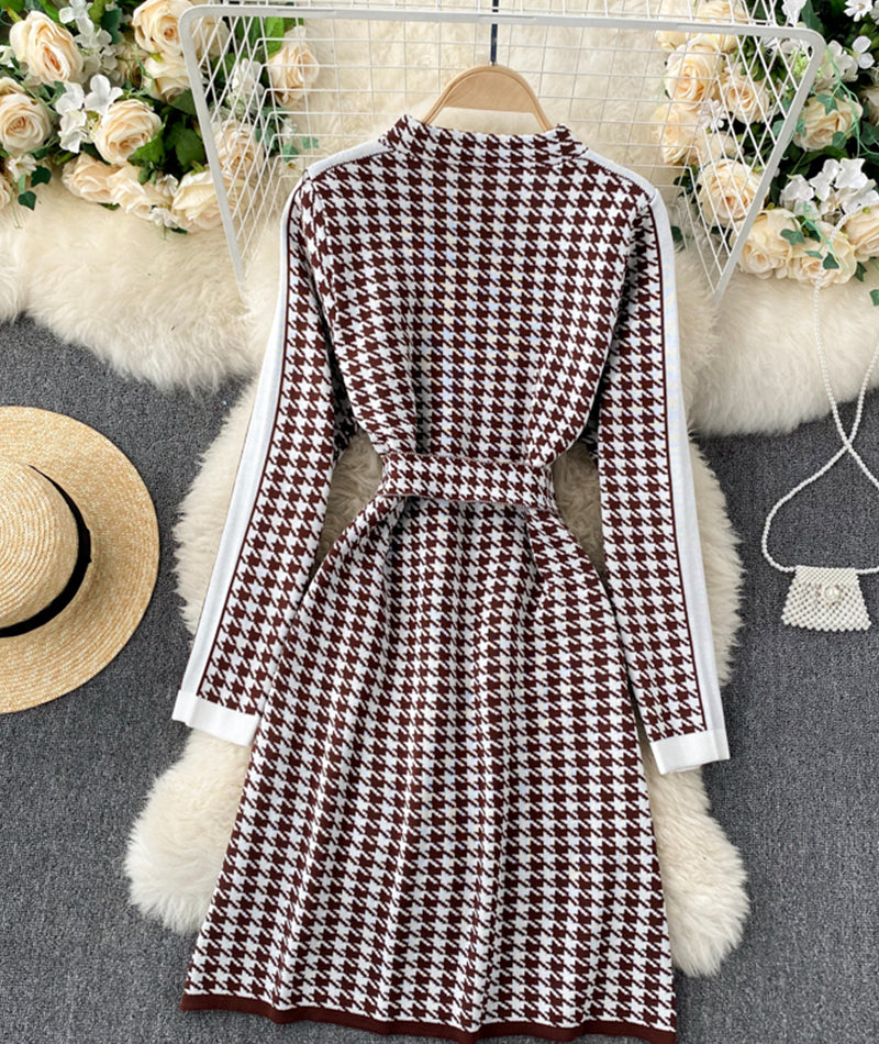 Knit dress retro houndstooth long sleeve dress  188