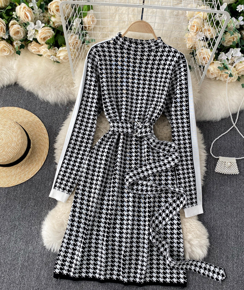 Knit dress retro houndstooth long sleeve dress  188