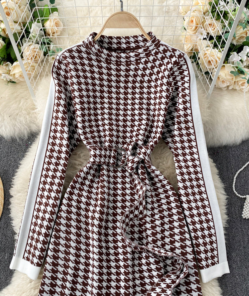 Knit dress retro houndstooth long sleeve dress  188