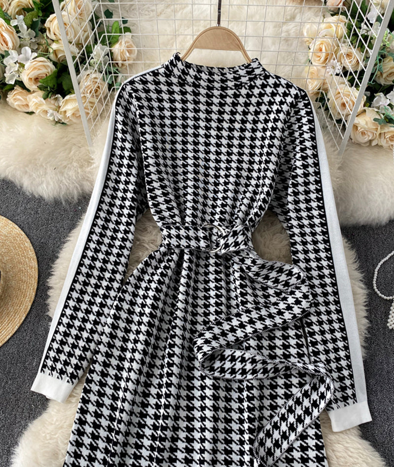 Knit dress retro houndstooth long sleeve dress  188