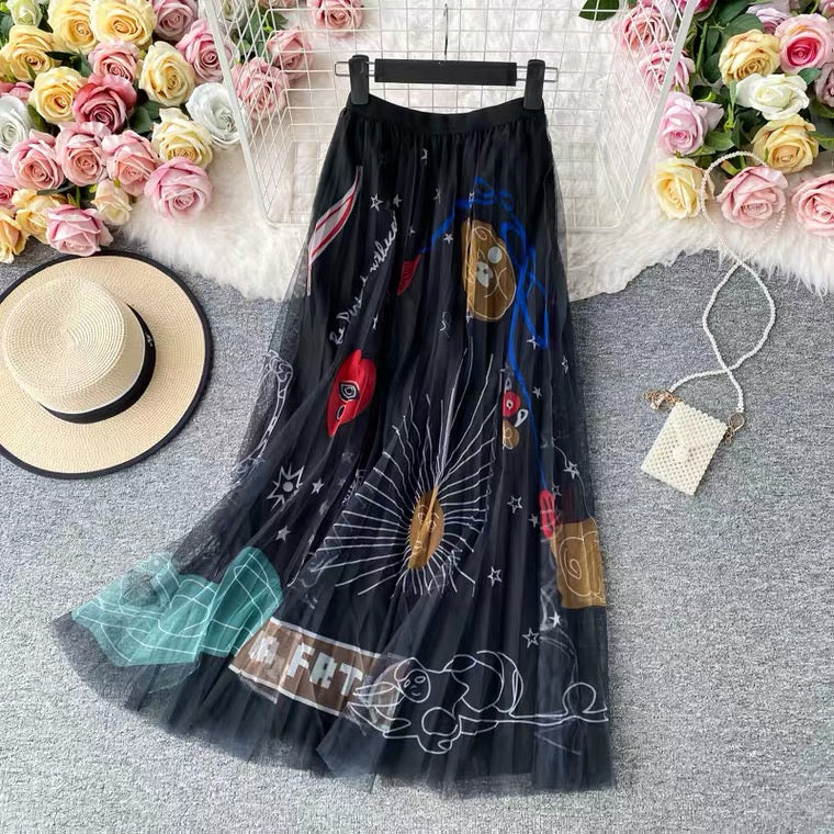 High waist, A-line big swing printed gauze skirt, pleated skirt, mid length skirt gauze skirt  3522