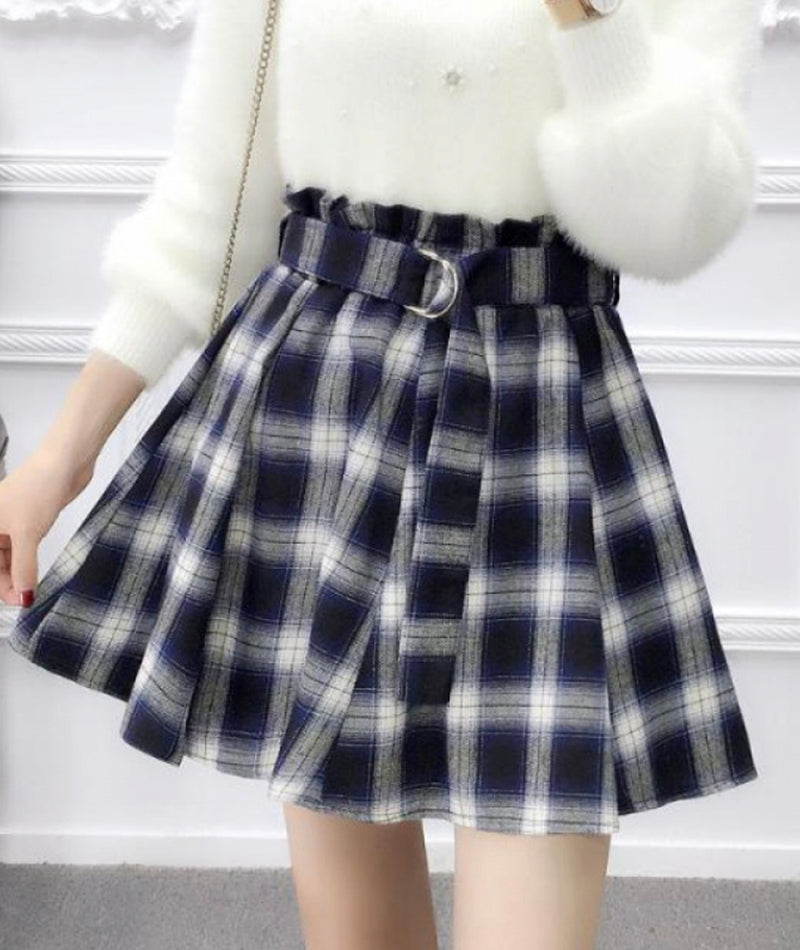 Cute A line pleated skirt plaid skirt  3480