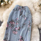 Jupe en jean, nouveau style, jupe trapèze taille haute, jupe fendue fleurie 3521