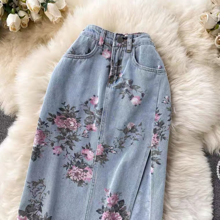 Denim skirt, new style, high-waisted A-line skirt, floral slit skirt  3521