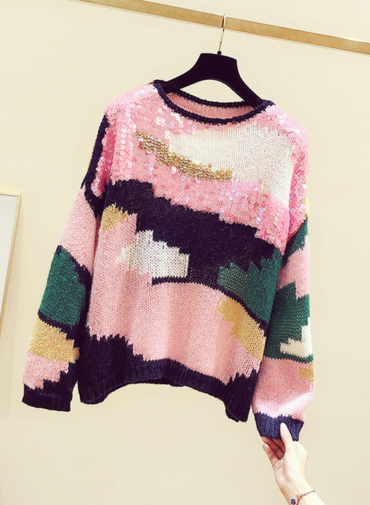 Cute colorful long sleeve sweater round neck sequins sweater  130