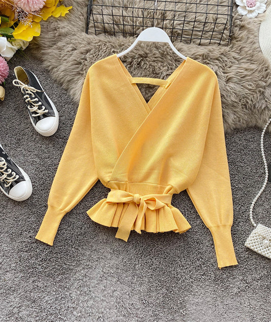 Cute v neck long sleeve sweater short sweater  099