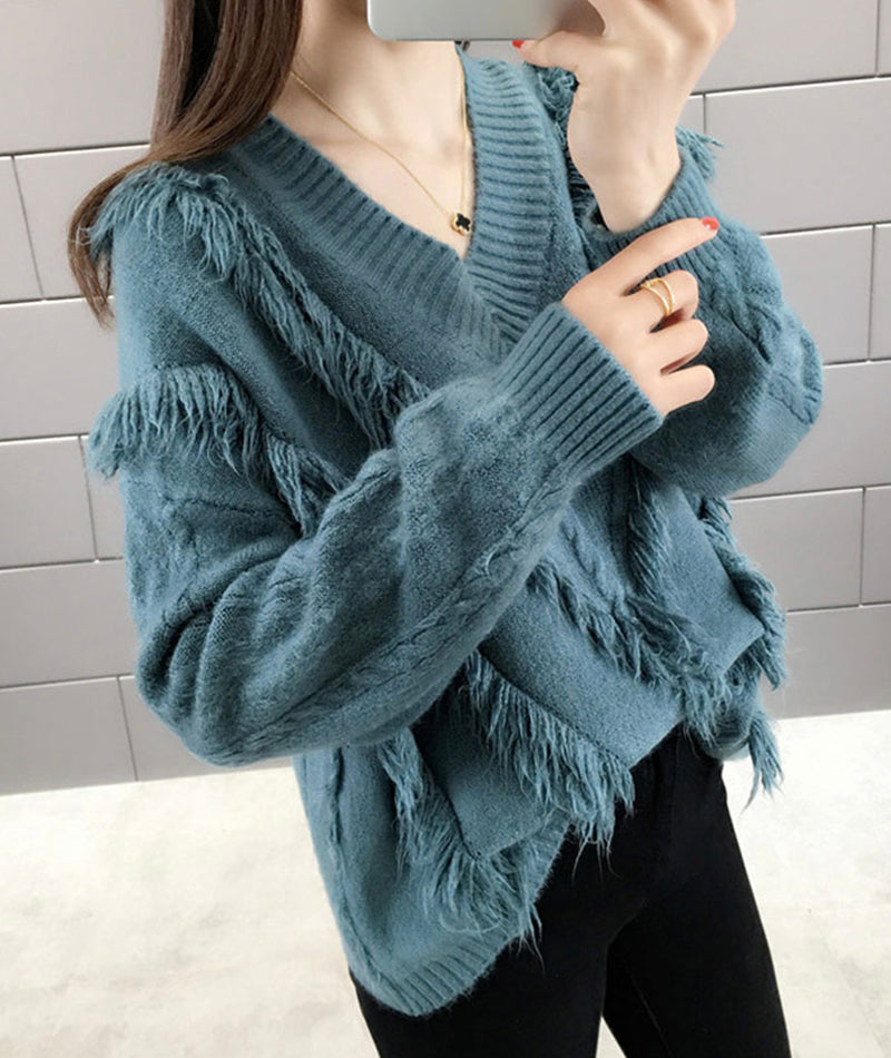 Sweet tassel v-neck sweater long sleeve sweater  120