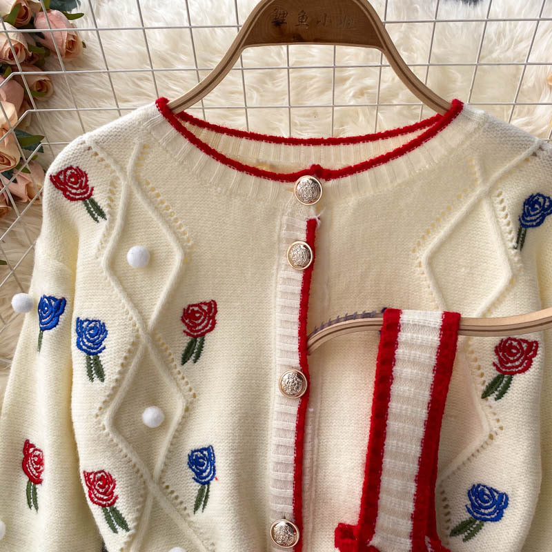 Cardigan en tricot, vintage, broderie de fleurs, pull ample à manches longues, haut à bretelles spaghetti à paragraphe court, doux deux ensembles 1339