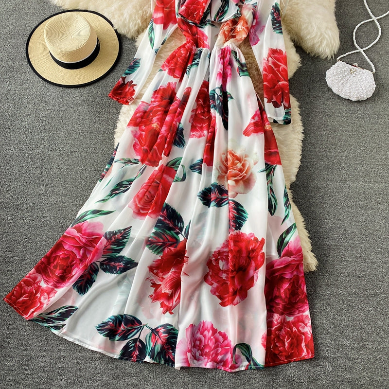 Robe élégante à col ras du cou avec imprimé rose français 3419
