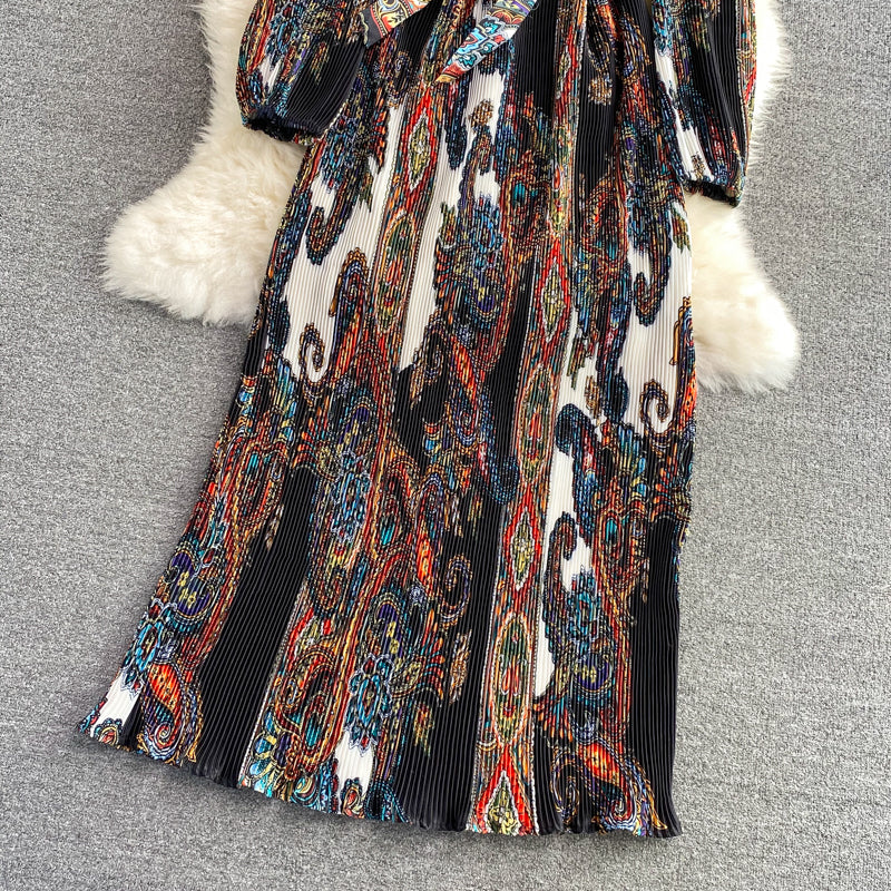 Robe plissée imprimée à col montant Temperament 3362
