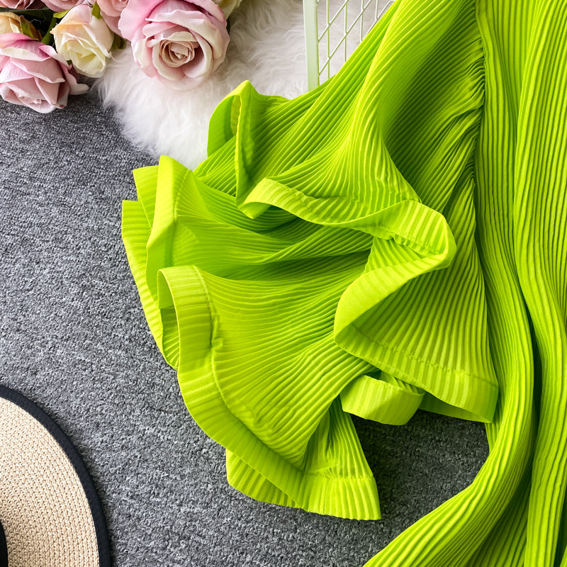 Ruffled large flared sleeve Pleated Dress  2758