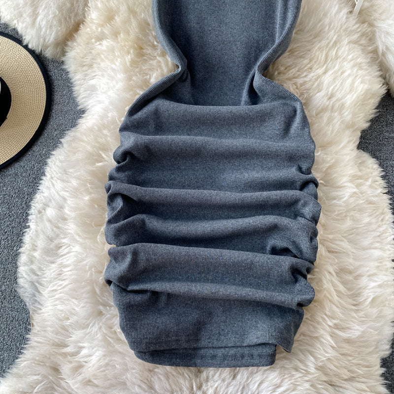 Jupe-robe élastique slim sexy à bretelles unie 2957