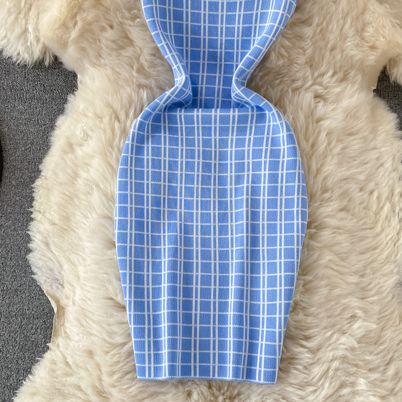 Suspender skirt shows thin ice silk knitted Plaid Hip Wrap Dress  2756