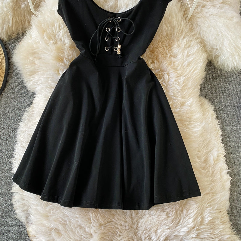 Robe rayée à col en V, jupe trapèze slim décolletée 3049