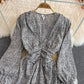 V-neck bubble sleeve small leopard print dress  3128