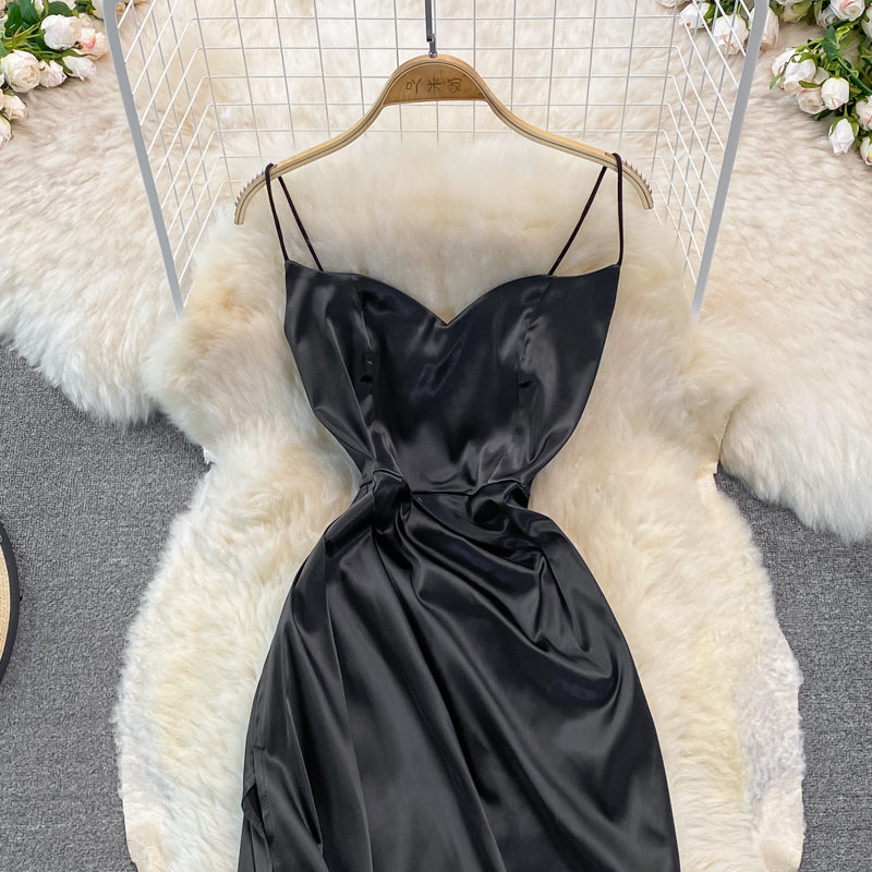 Robe à bretelles à col en V, mode mi-longue fendue, sac banane 3129
