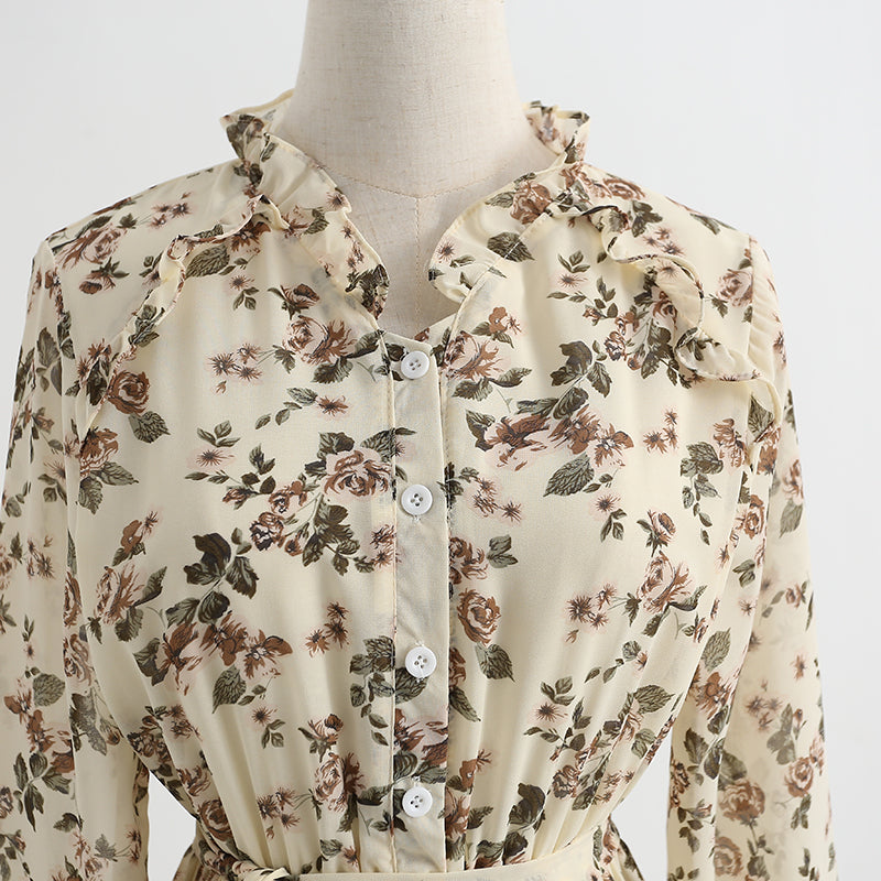 Temperament: slim waist, long sleeved chiffon dress with backing  2214