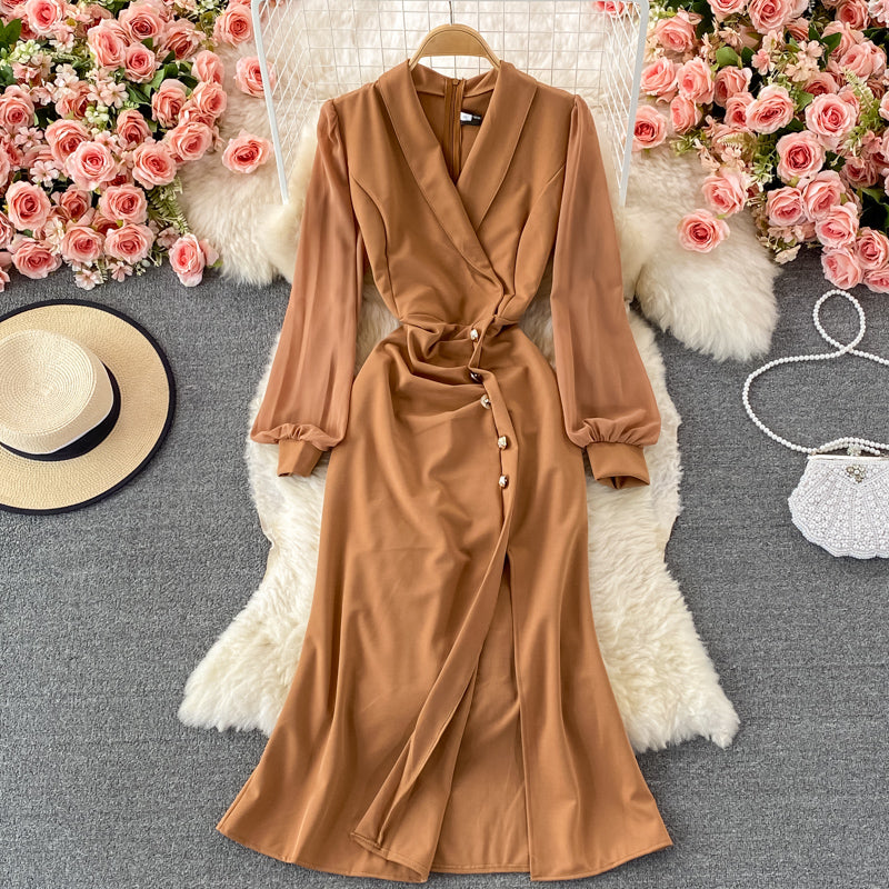 Suit collar waist slit dress elegant temperament Hip Wrap slit skirt  3233