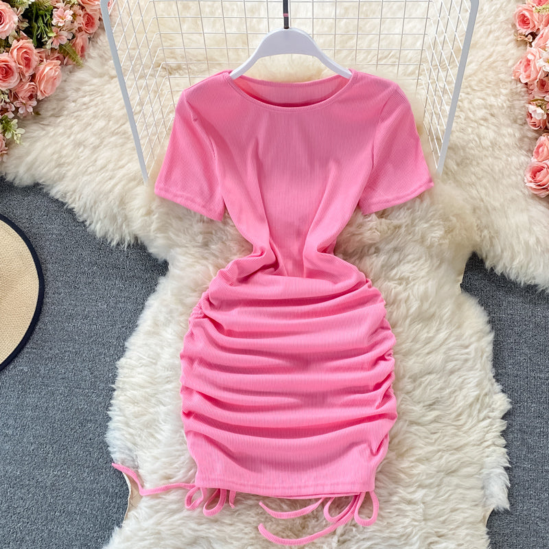 Sexy drawstring temperament slim round neck tight buttock dress  2777