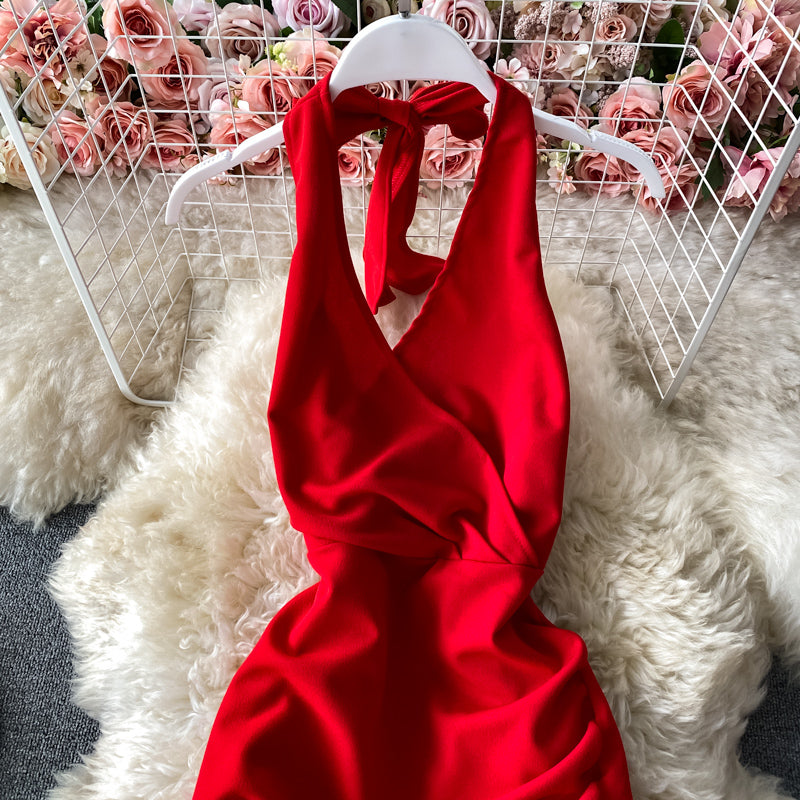 Hollow out backless sexy hanging neck V-neck dress  2759