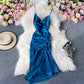 Waist drawcord Pleated Satin suspender dress  2791
