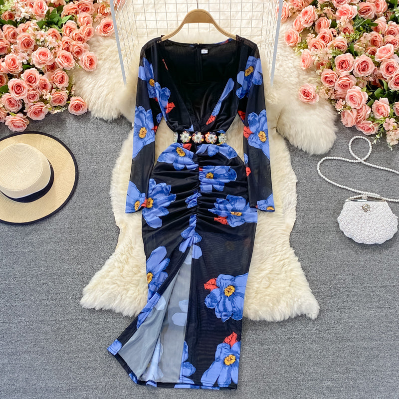 Robe portefeuille élastique sexy à col en V et imprimé 3248