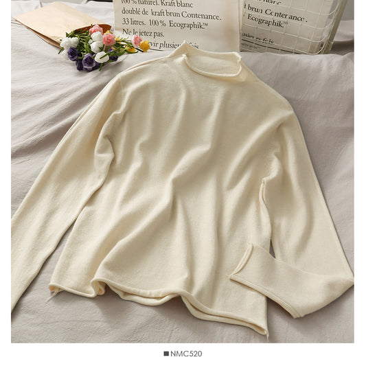 Pull ample à manches longues polyvalent en laine fine de couleur unie 1762