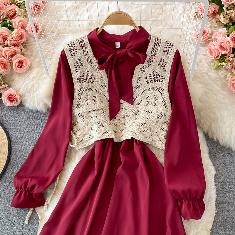 Robe coréenne à manches longues et taille fine avec nœud 2862