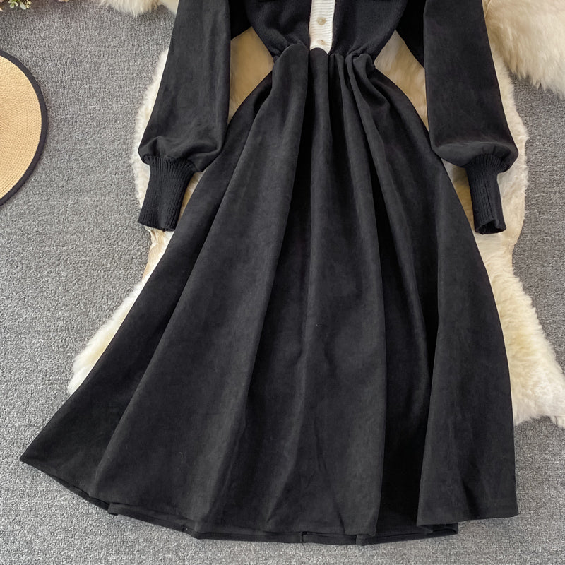 Koreanisches Strickkleid mit hoher Taille und Rundhalsausschnitt 3369