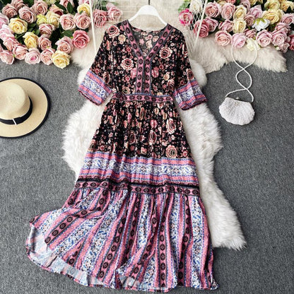 Robe fleurie à volants grande jupe vacances douce jupe longue 3141