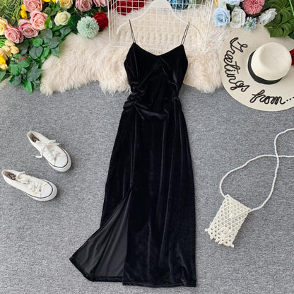 Sexy velvet dress women's slim V-neck suspender skirt  2713