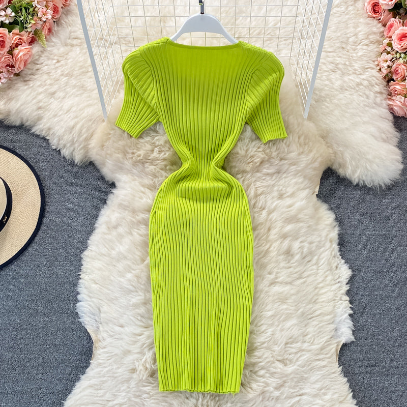 Robe en maille slim à col en V Hip Wrap 2973