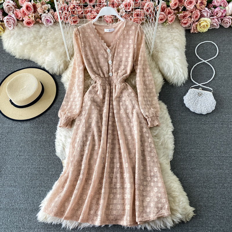 Women's dress with narrow waist and solid color bubble sleeve lace  3420