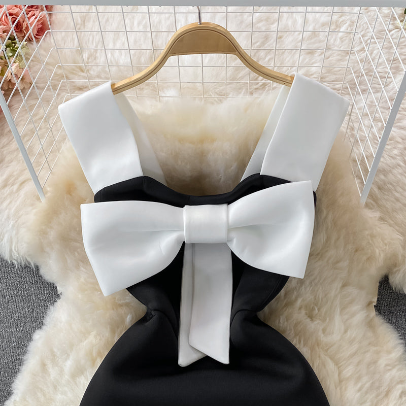 Light luxury celebrity dress open back suspender skirt large bow slim fit  2730
