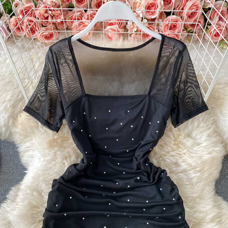 Sexy square neck slim slim fit mesh hot drill pleated Hip Wrap Dress  3172