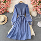 Fake two piece long sleeve knitted stitched corduroy A-line dress  3365