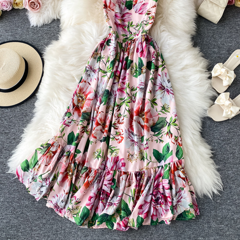 Robe fleurie dos ouvert jupe longue française 2847
