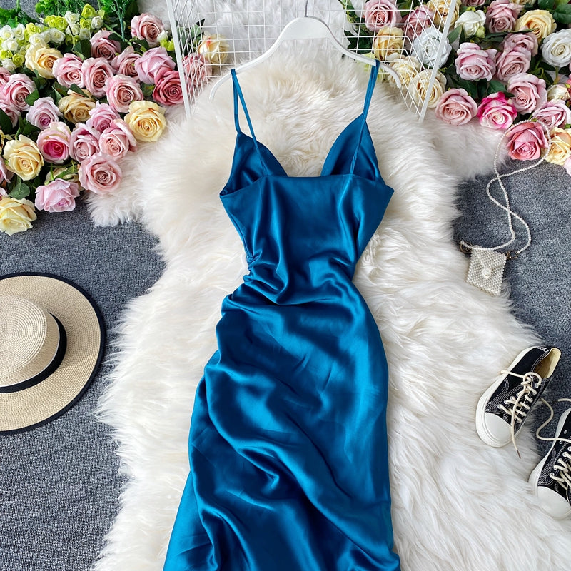 Waist drawcord Pleated Satin suspender dress  2791